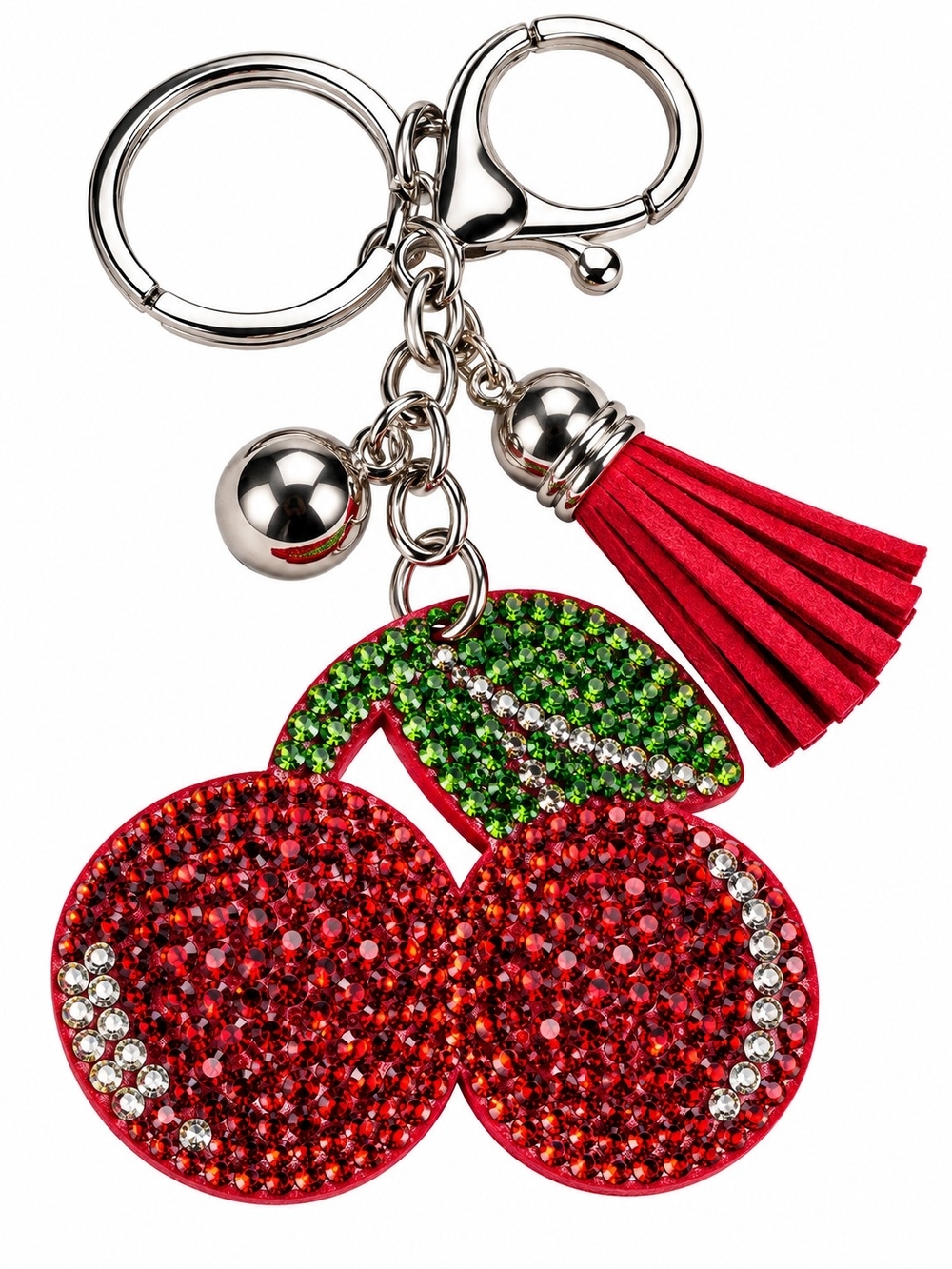 Crystal Cherry Keychain Charm with Red Tassel